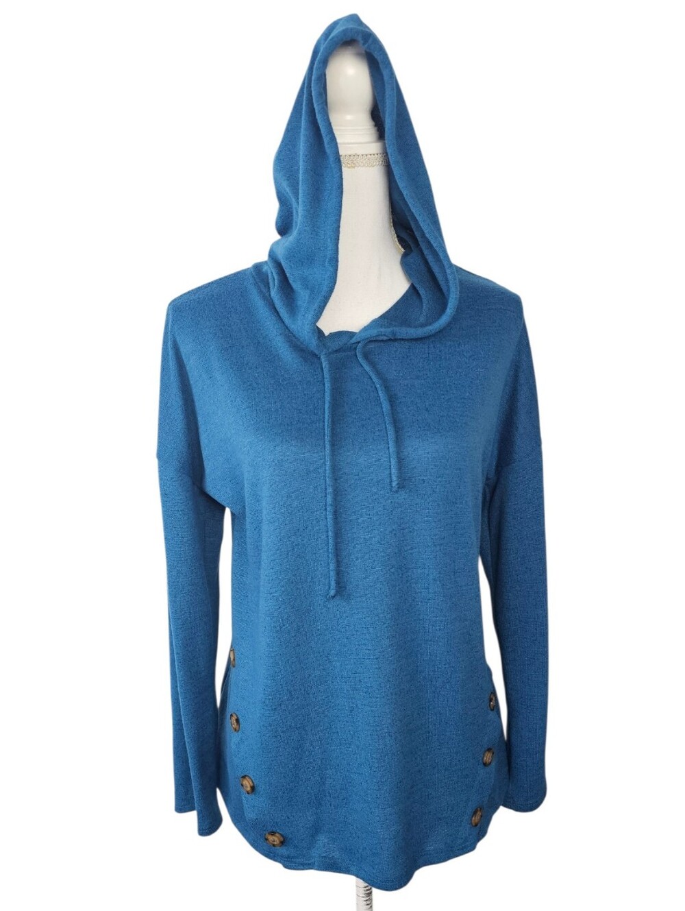 Corvia Women’s Blue Hooded Sweater Tunic Button Accent Long Sleeve Size M
